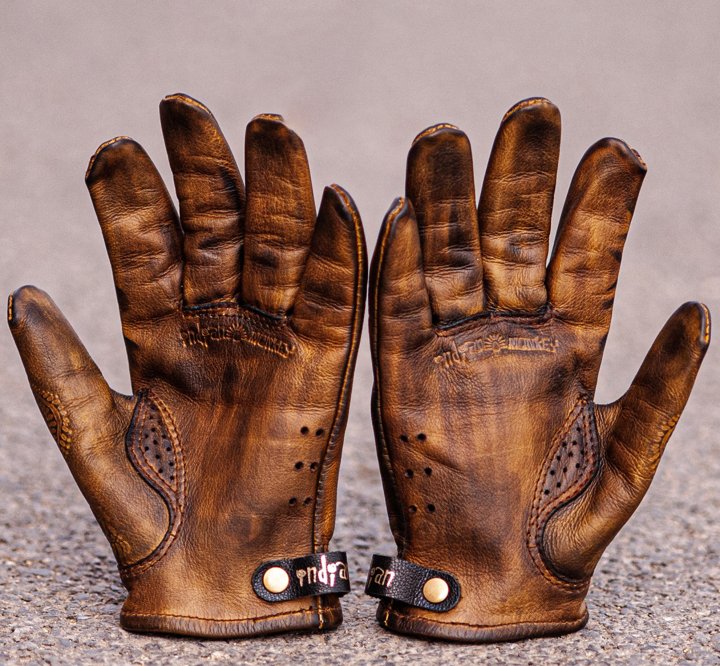 Vintage Distressed Brown Leather Handmade Motorcycle Riding Gloves