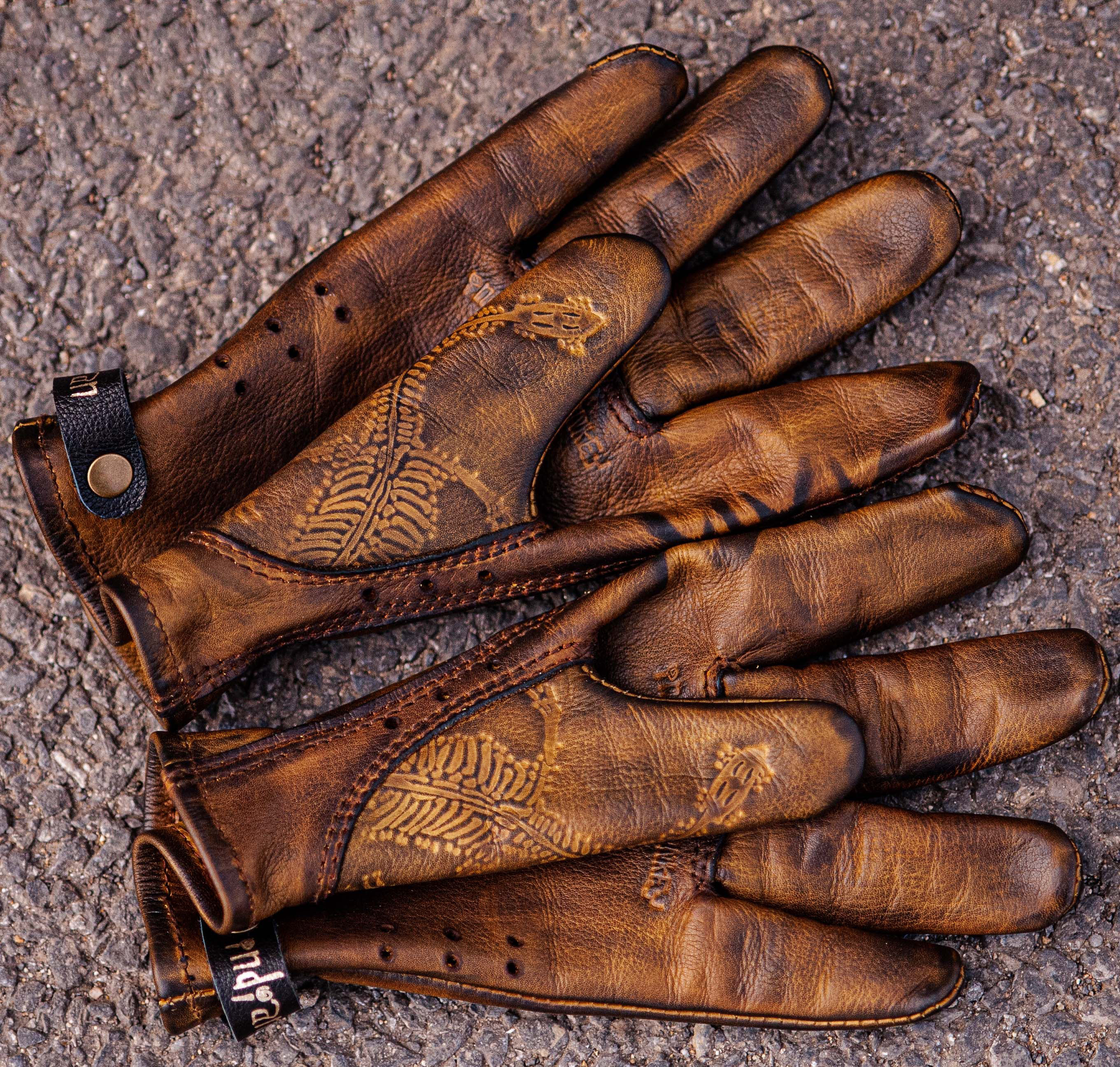 Vintage Distressed Brown Leather Handmade Motorcycle Riding Gloves