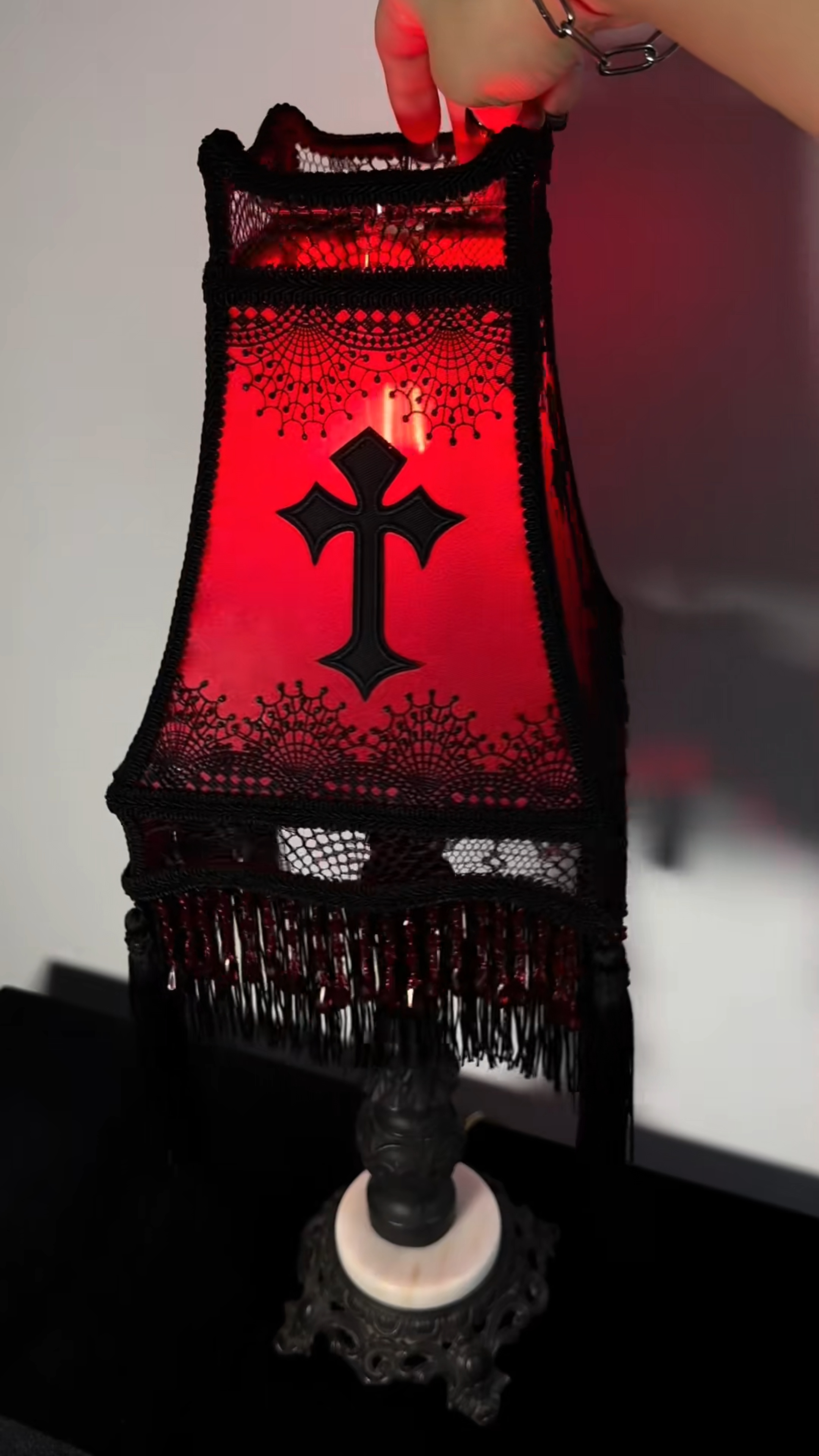 Gothic Red Lace Table Lamp with Black Cross and Fringe
