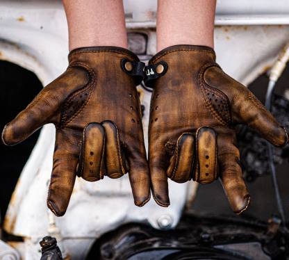 Vintage Distressed Brown Leather Handmade Motorcycle Riding Gloves