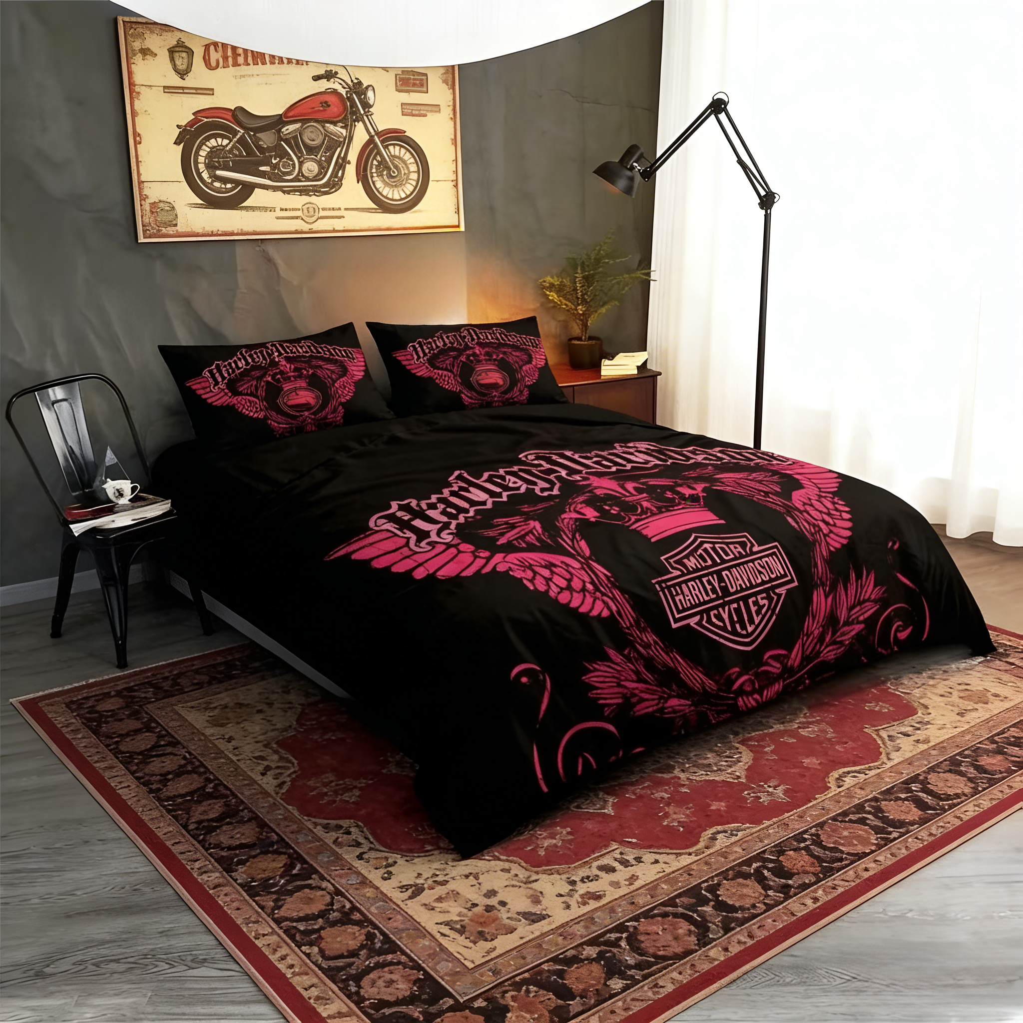 Retro Harley-Davidson style pattern 3-Piece Quilted Bedding Set