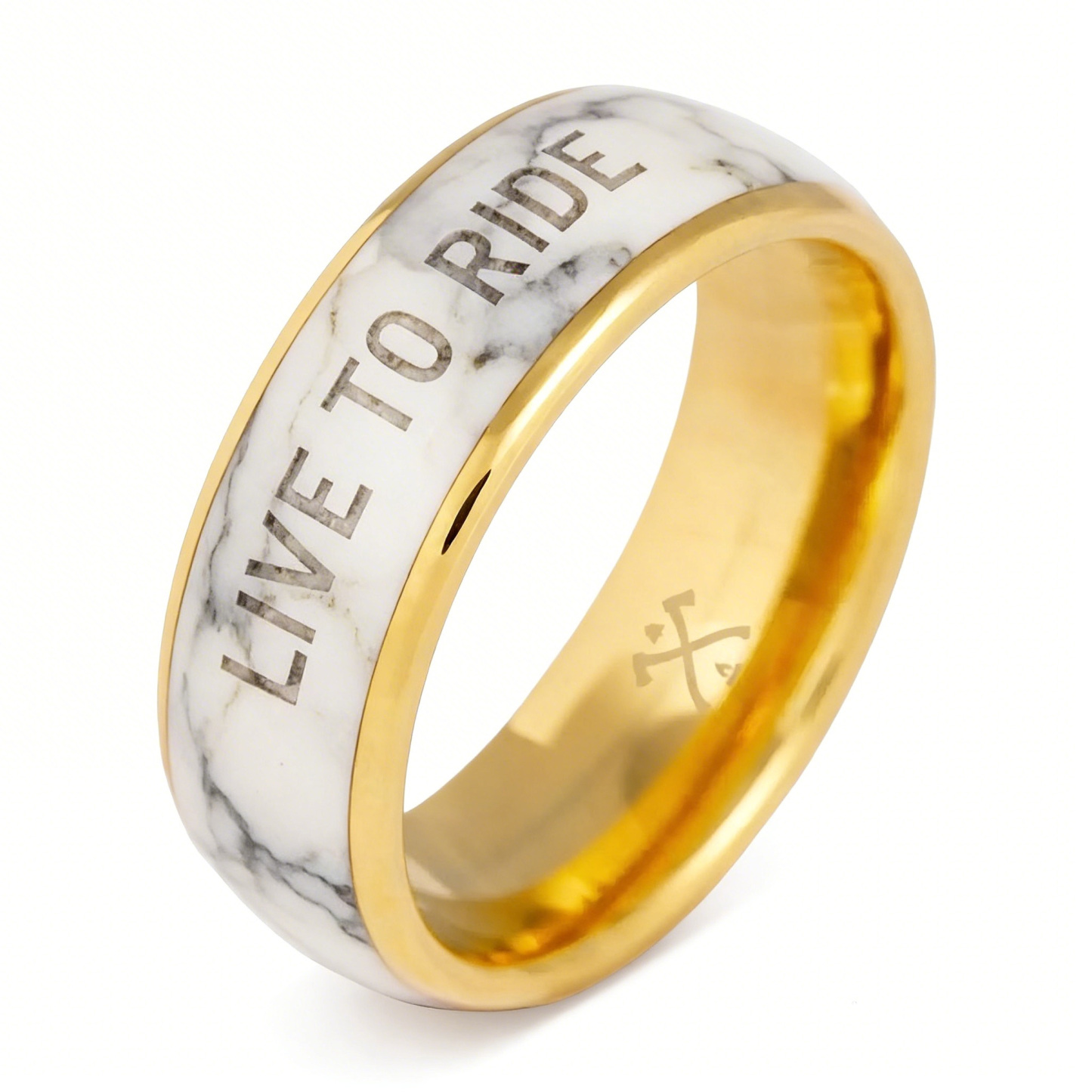 Biker Style Marble Band With Live To Ride Text Ring