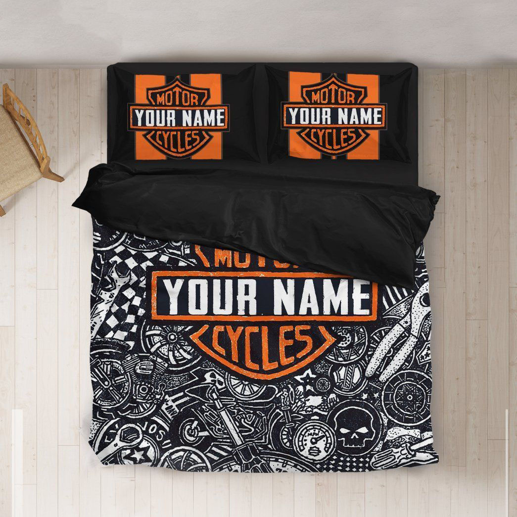 Retro Harley-Davidson style pattern 3-Piece Quilted Bedding Set