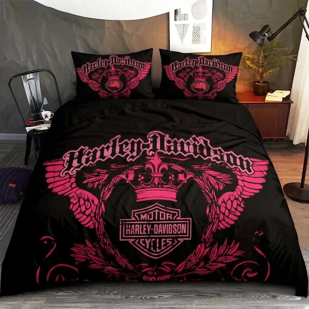 Retro Harley-Davidson style pattern 3-Piece Quilted Bedding Set