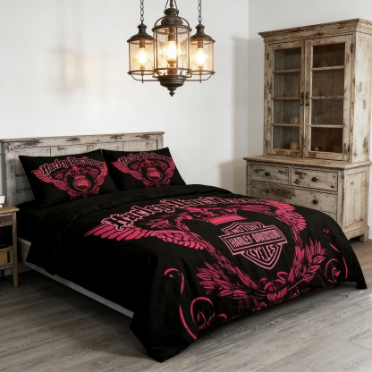 Retro Harley-Davidson style pattern 3-Piece Quilted Bedding Set
