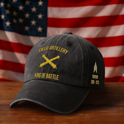 Army Field Artillery King of Battle Embroidered Vintage Washed Cap - Vintage Distressed Cap for Veterans - 2048