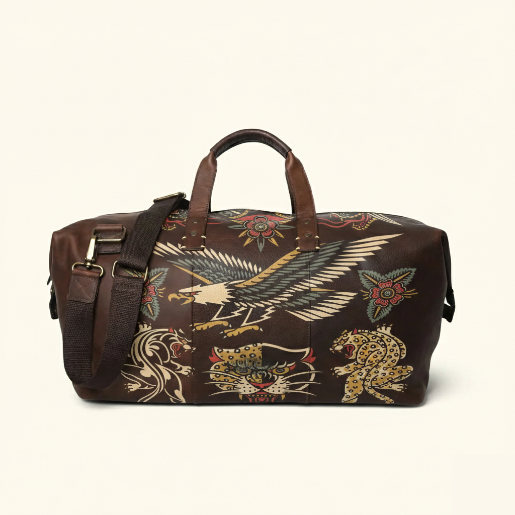 Vintage Tattoo Art Leather Edgy Graphics Duffel Bag