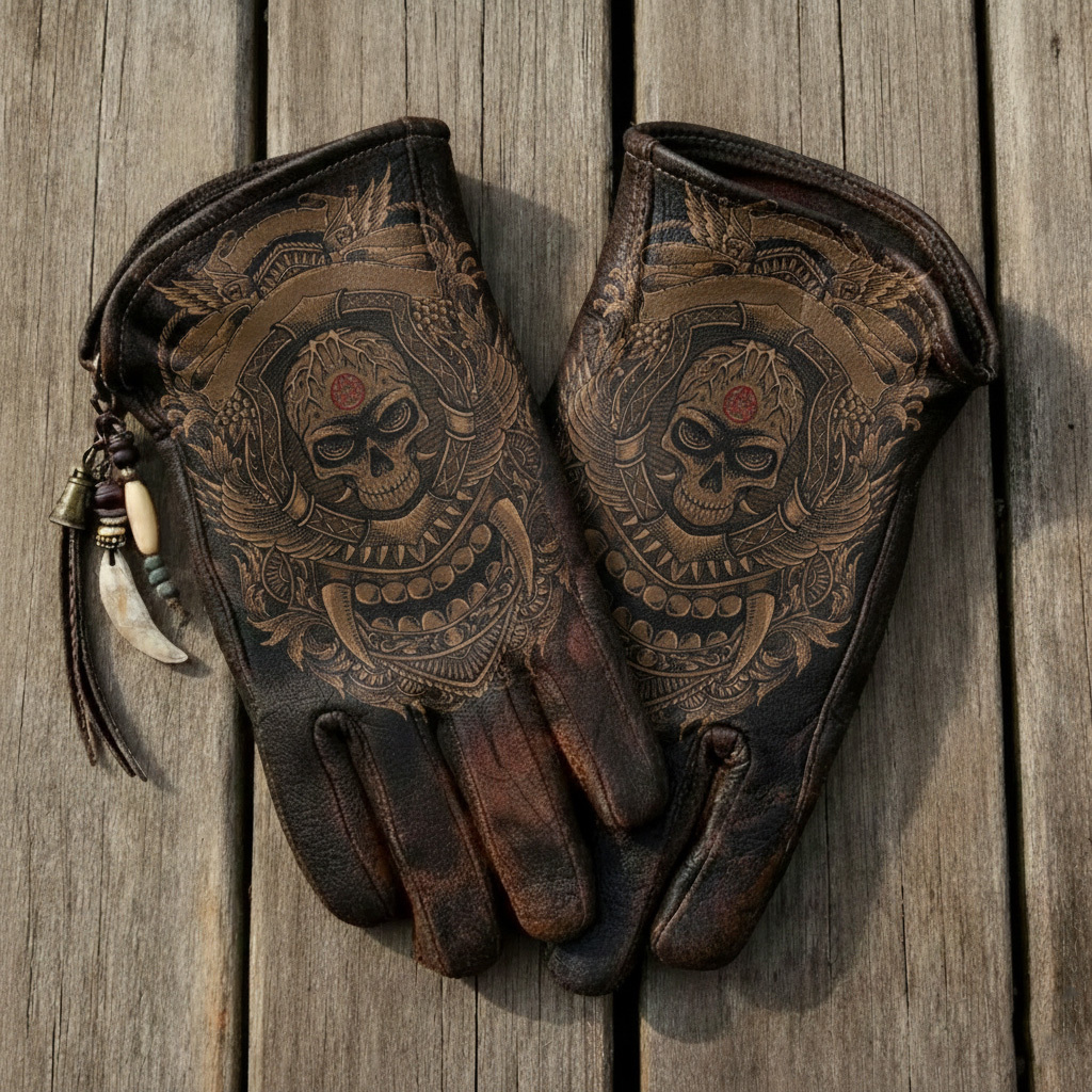 Dark Fantasy Ornate Skull Embossed Vintage Handcrafted Leather Riding Gloves