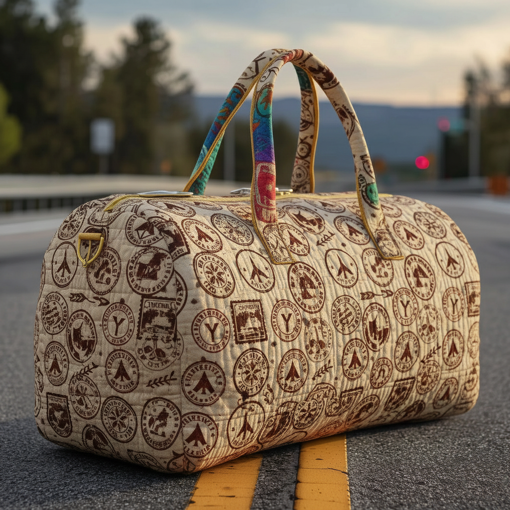 Vintage Wanderlust Frontier Postage Stamp Quilted Canvas Duffle Bag