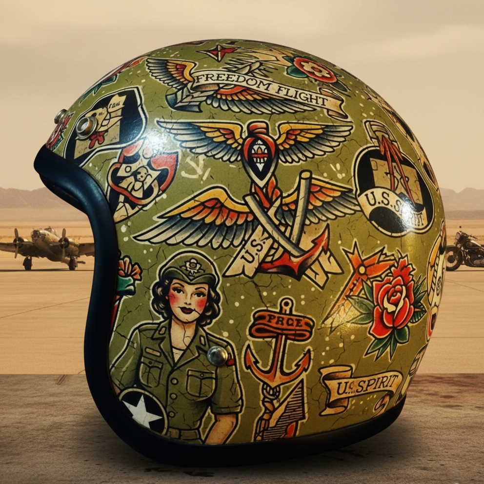 Military Aviation Style WW2 Nose Art Graphic Open Face Helmet