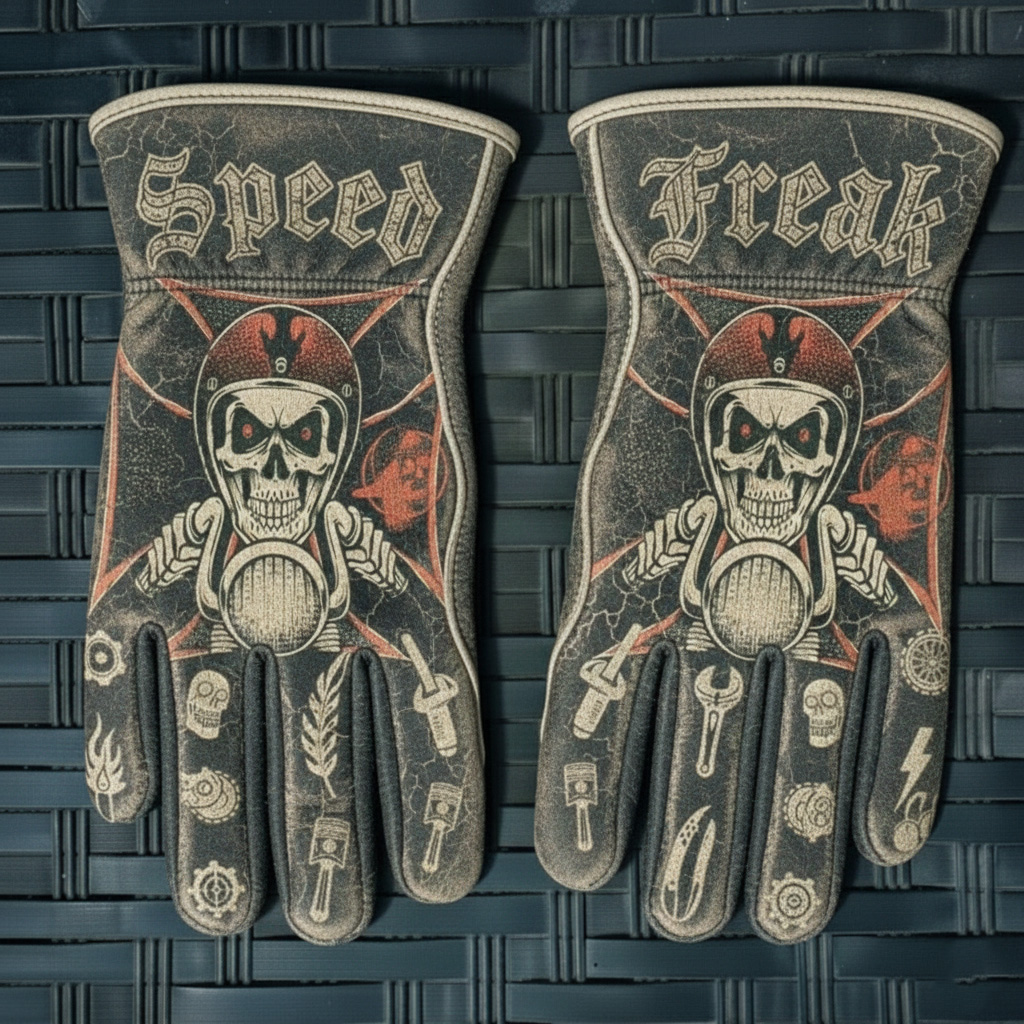 Retro Biker Distressed Speed Freak Skull Graphic Leather Gloves