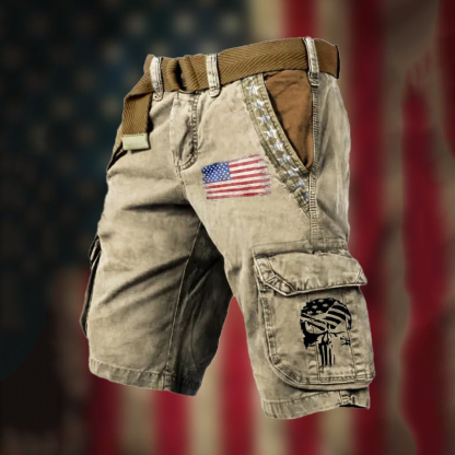 Men'S Vintage Flag Independence Day Multi-Pocket Print Cargo Shorts