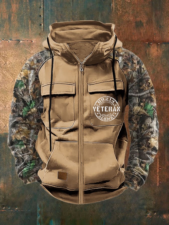 Men's Vintage Veteran Print Multi-Pocket Jacket