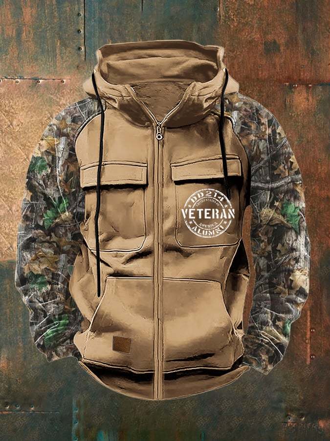 Men's Vintage Veteran Print Multi-Pocket Jacket