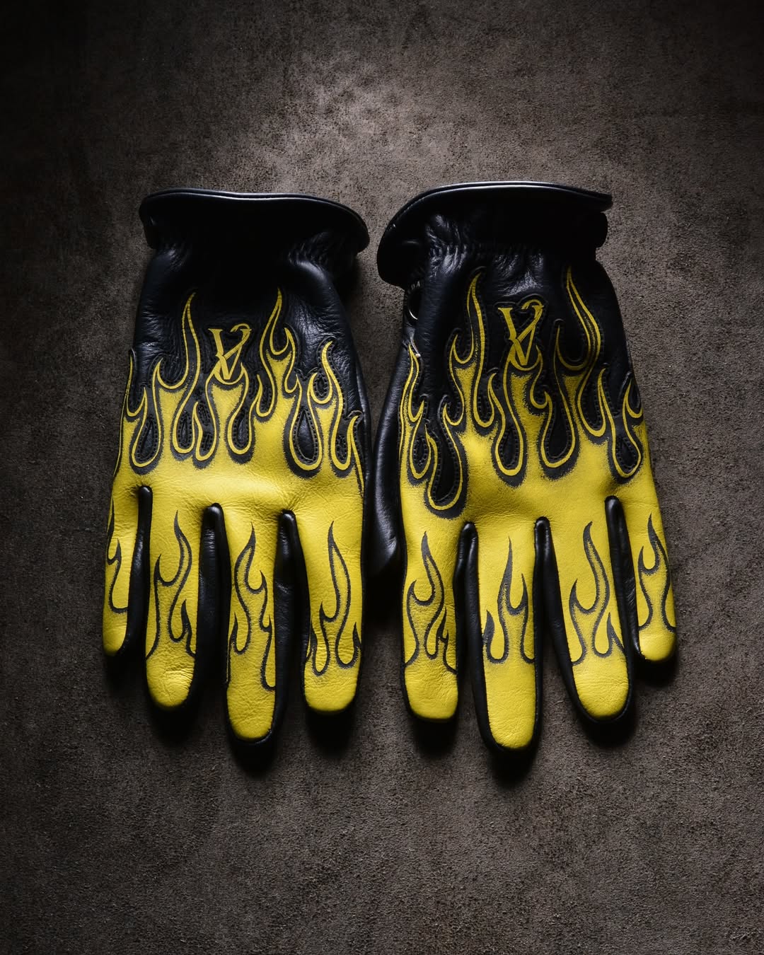 Classic Rockabilly Style Bright Yellow Flame Graphic Leather Gloves