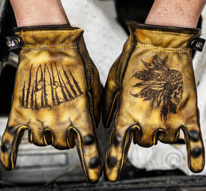 Vintage Distressed Leather Skull Graphic Motorcycle Riding Gloves