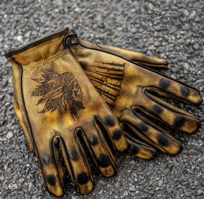 Vintage Distressed Leather Skull Graphic Motorcycle Riding Gloves