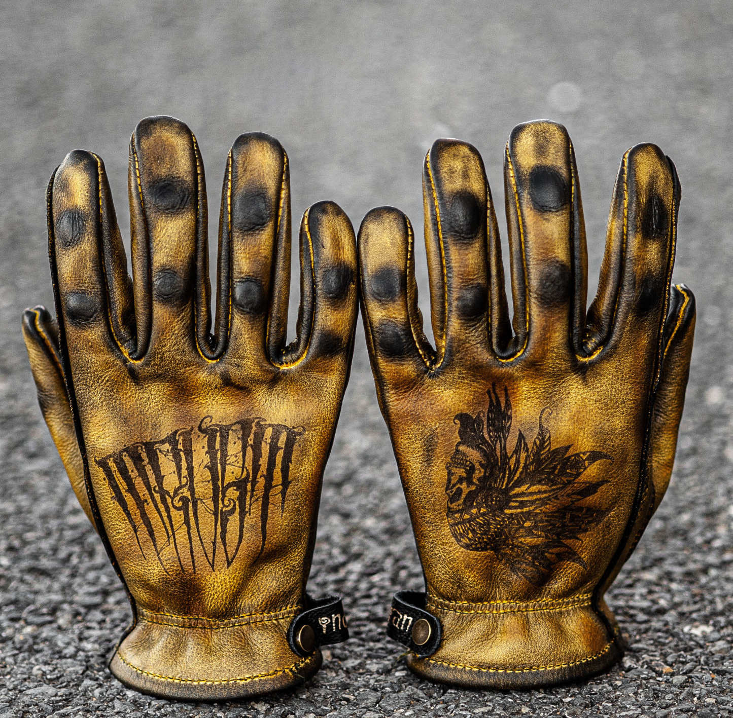 Vintage Distressed Leather Skull Graphic Motorcycle Riding Gloves