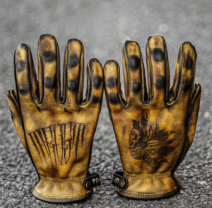 Vintage Distressed Leather Skull Graphic Motorcycle Riding Gloves