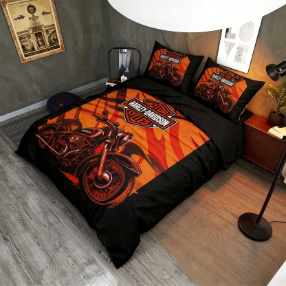 Retro Harley-Davidson style pattern 3-Piece Quilted Bedding Set