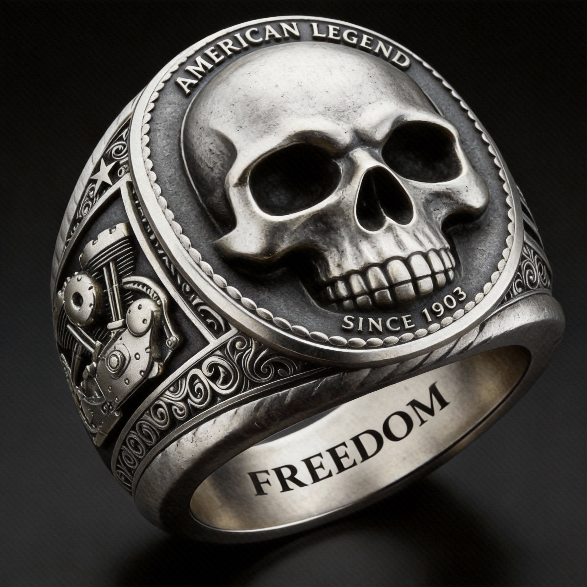 Hardcore biker silver skull head american legend engraved signet ring