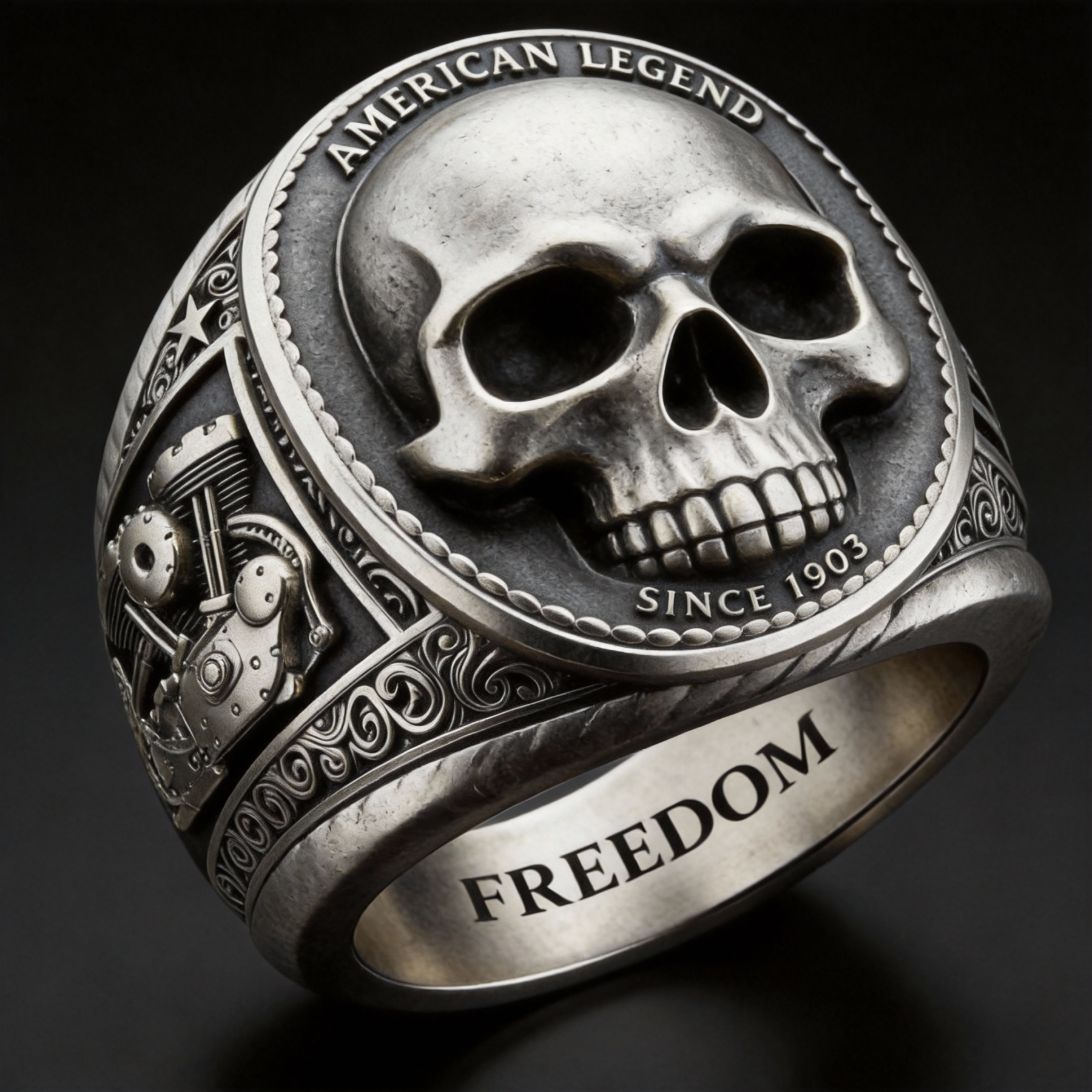 Hardcore biker silver skull head american legend engraved signet ring