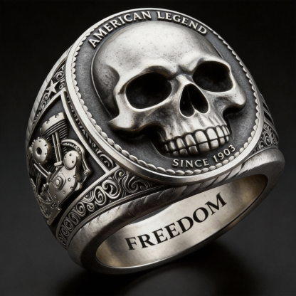 Hardcore biker silver skull head american legend engraved signet ring