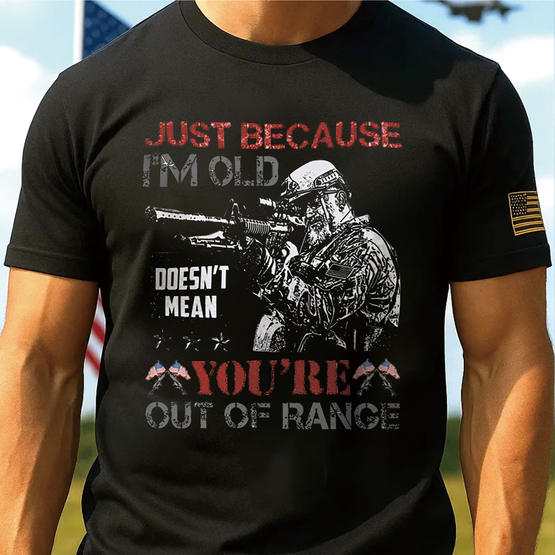 Tactical Sniper Graphic T-Shirt – “Just Because I’m Old Doesn’t Mean You’re Out of Range” Vintage Military Tee