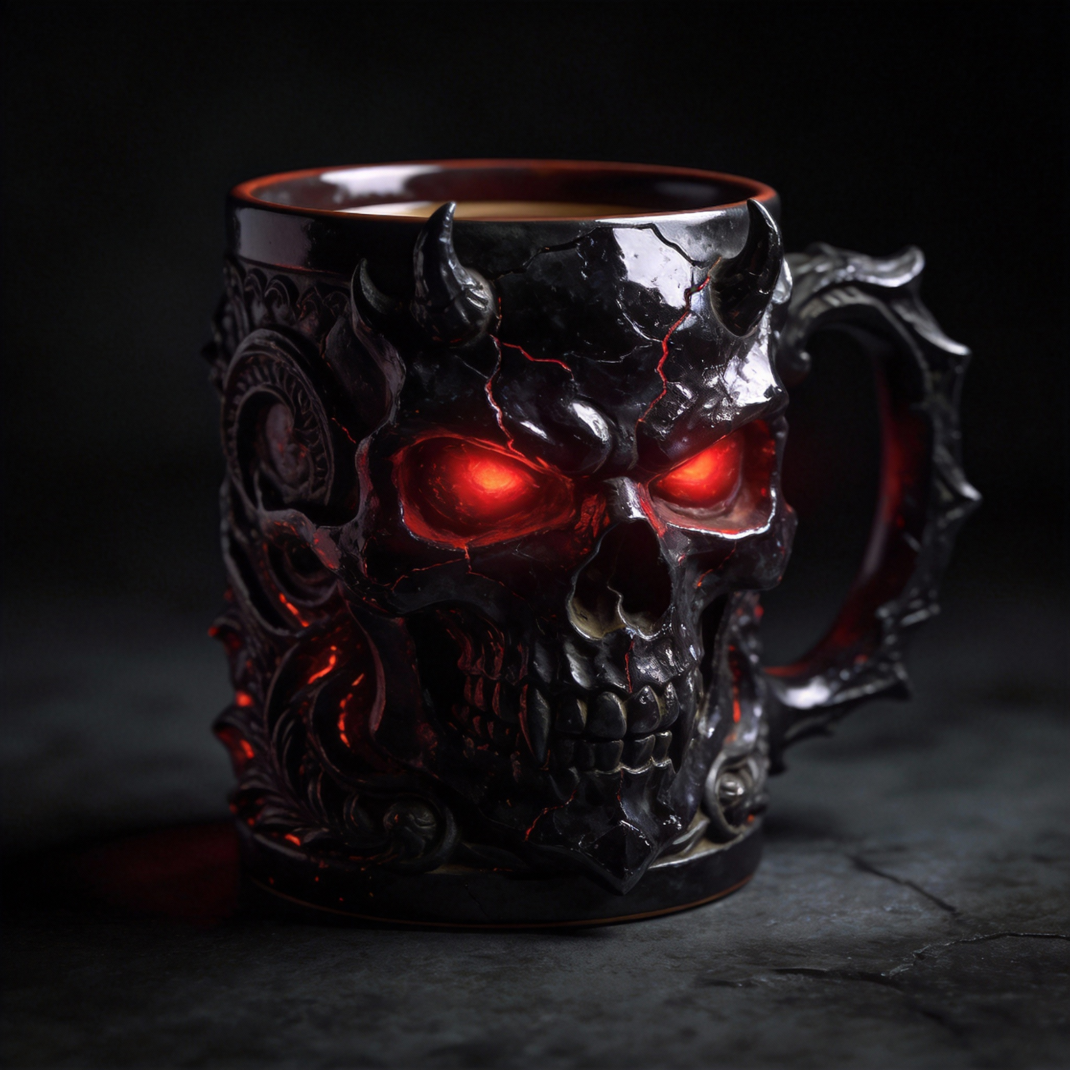 Gothic Hellfire Skull Handcrafted 3D Demon Horns Coffee Mug