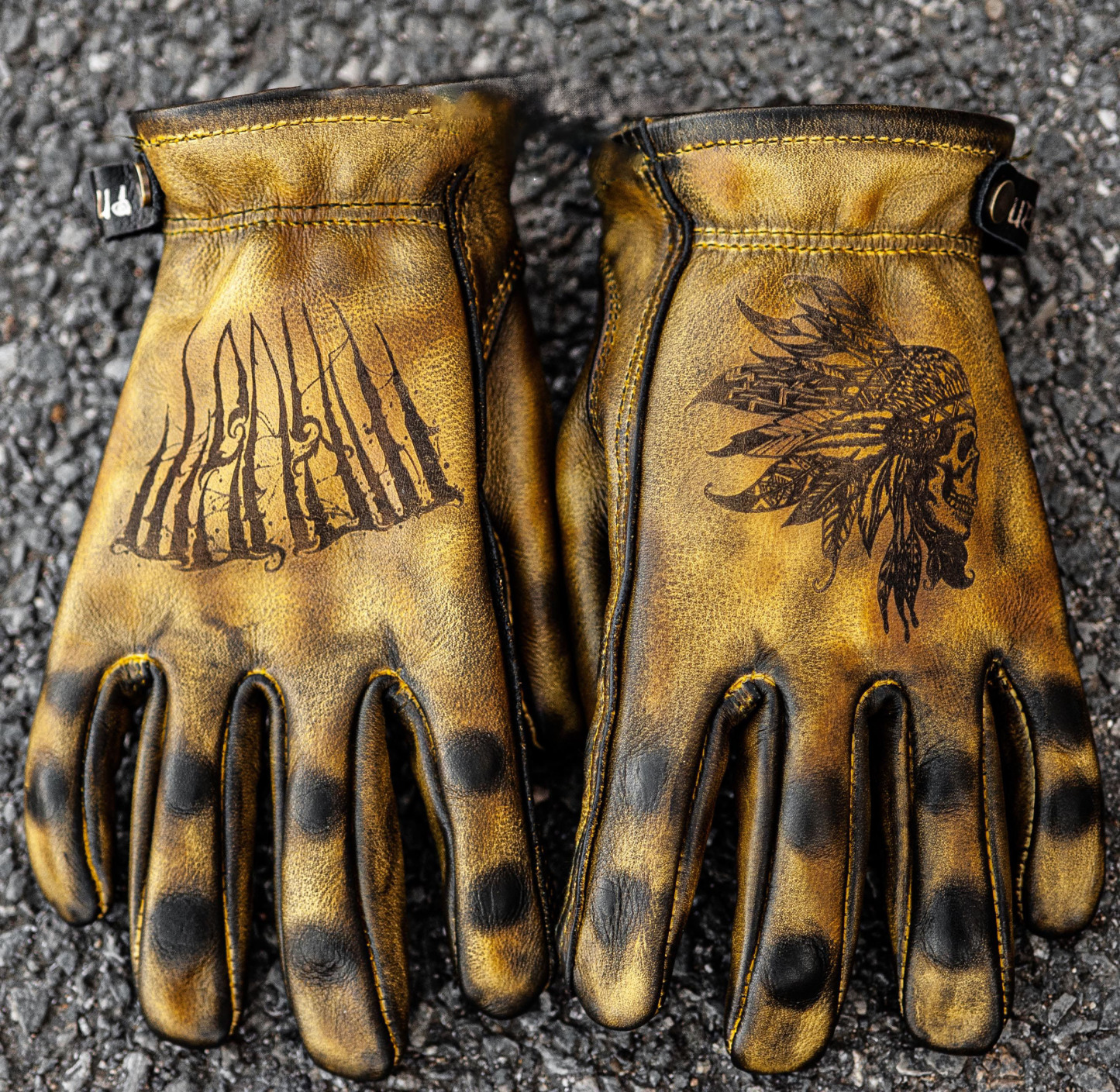 Vintage Distressed Leather Skull Graphic Motorcycle Riding Gloves