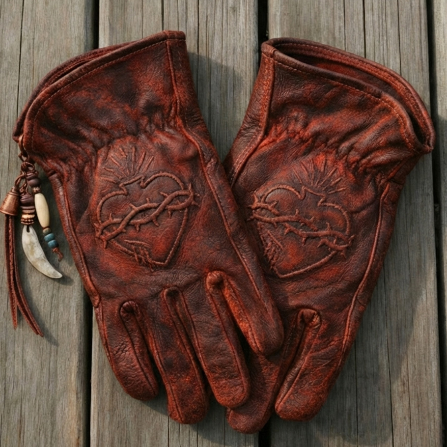 Tribal Steampunk Sacred Heart Embossed Distressed Red Leather Gloves