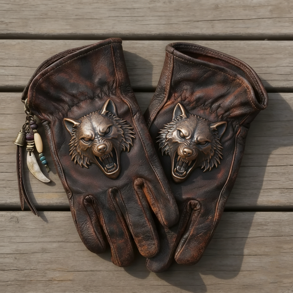 Rugged Tribal Style Distressed Leather Wolf Head Biker Gloves