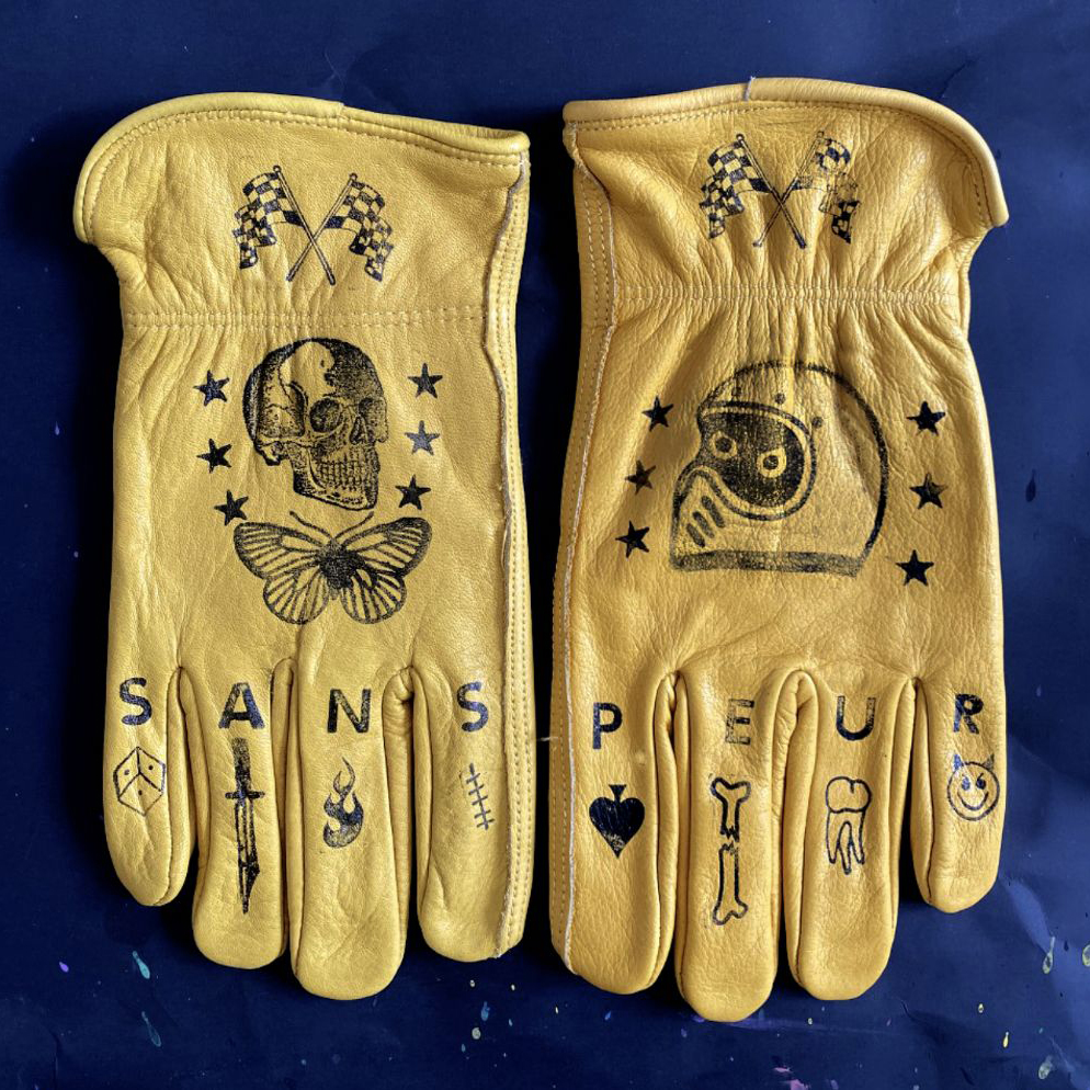 Vintage Retro Style Yellow Leather Skull Butterfly Printed Racing Gloves