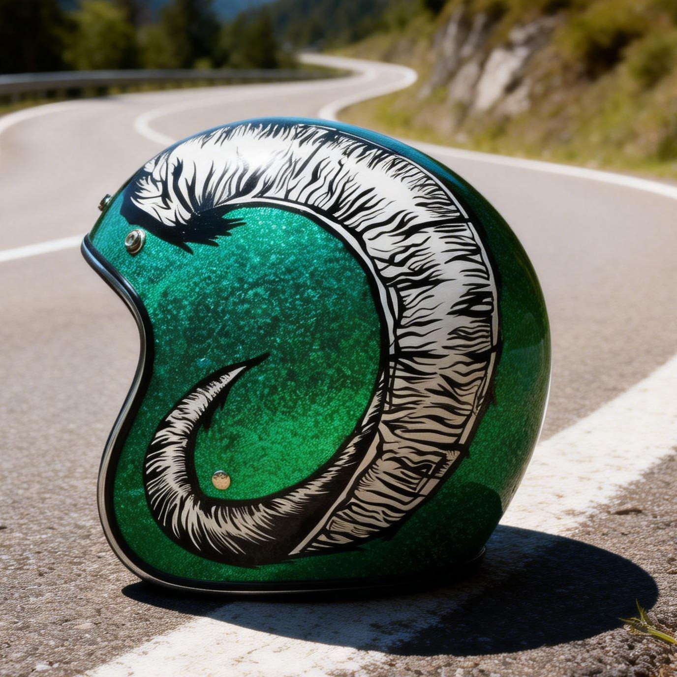 Psychedelic Ram Horn Graphic Green Glitter Open Face Helmet