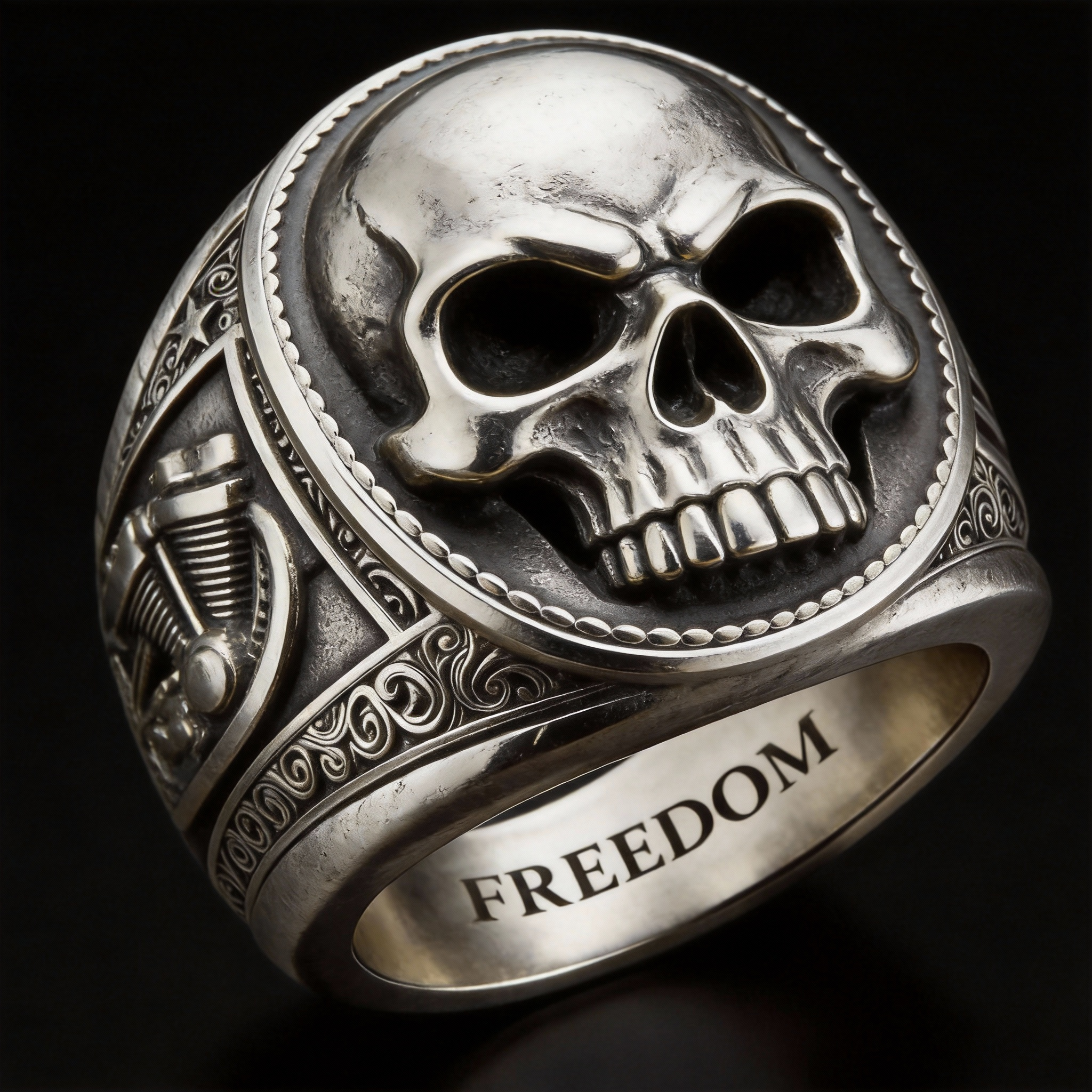 Hardcore biker silver engine detail freedom engraved skull head ring