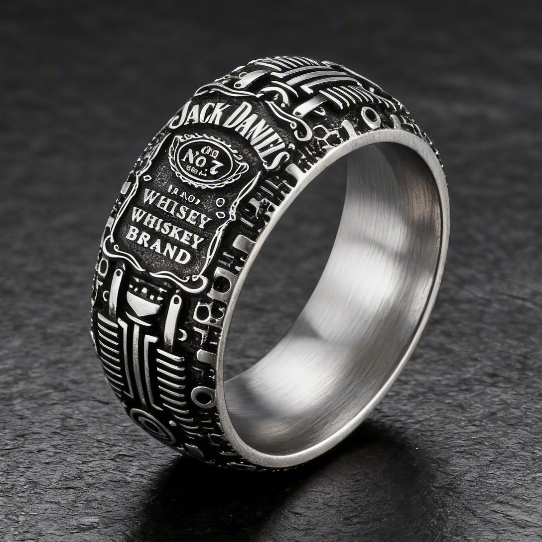 Punk Rock Jack Daniels Whiskey Motor Engine Carved Band Ring