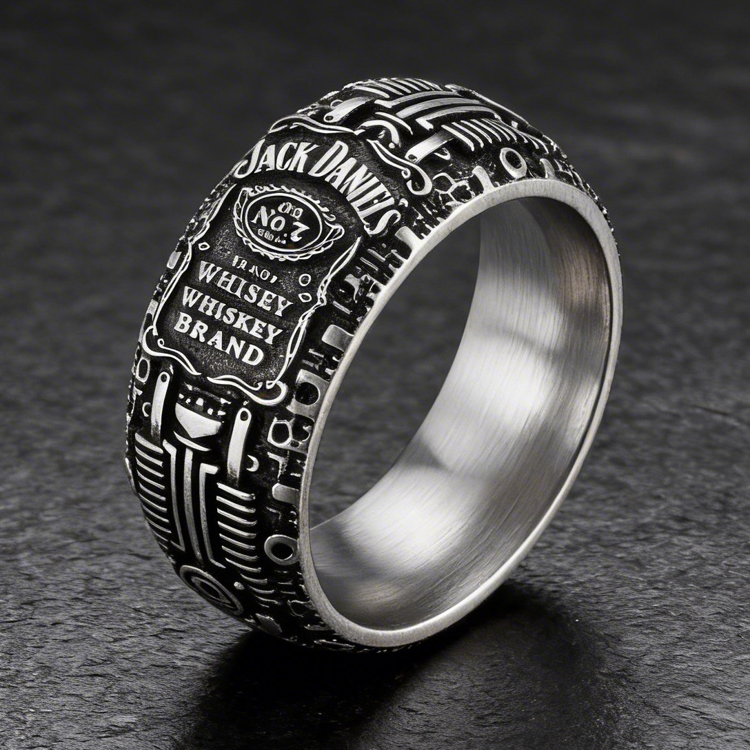 Punk Rock Jack Daniels Whiskey Motor Engine Carved Band Ring