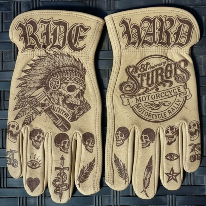 Western Biker Yellow Leather Indian Skull Graphic Gloves
