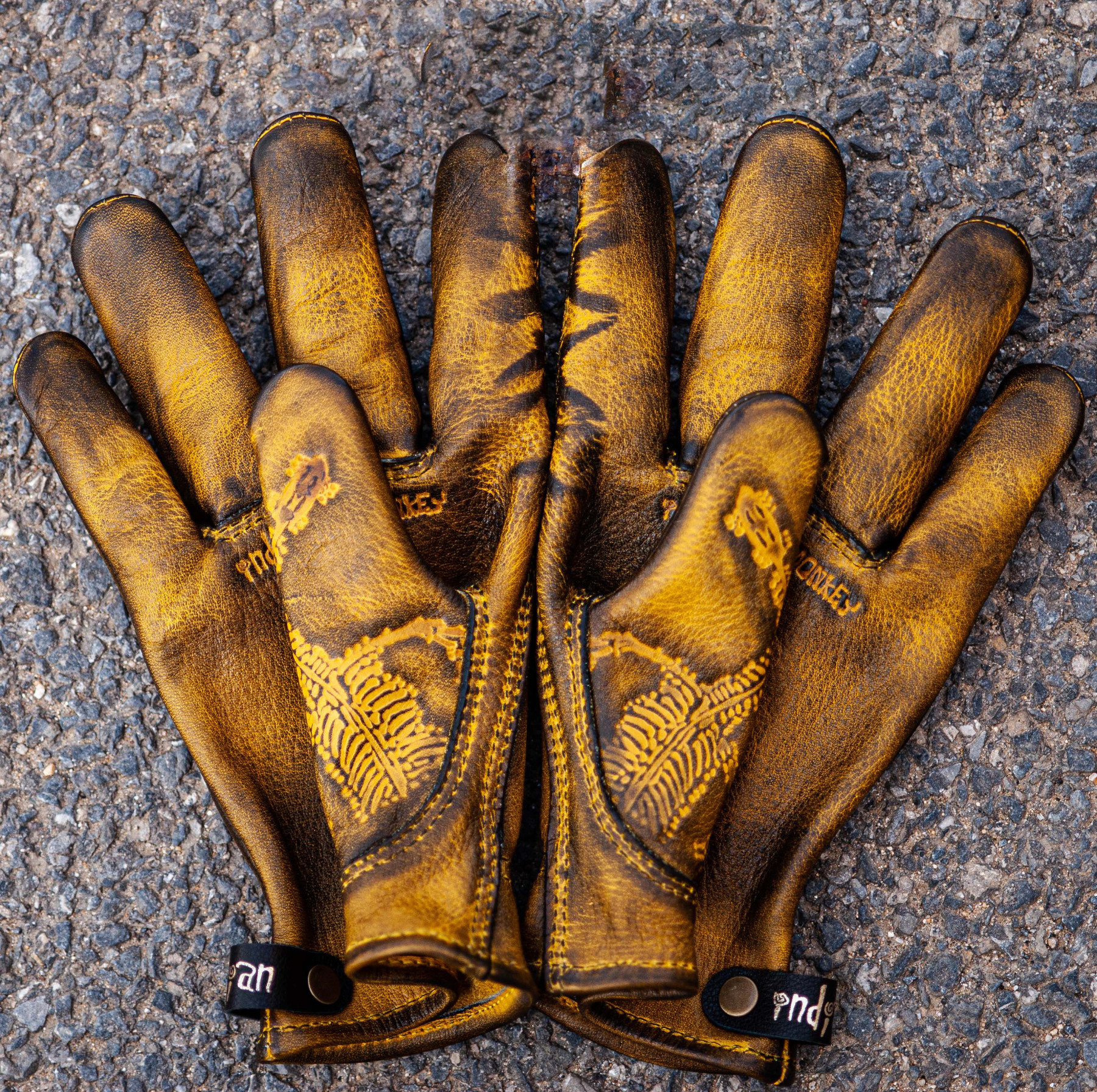 Rugged Steampunk Yellow Distressed Leather Skeleton Pattern Biker Gloves