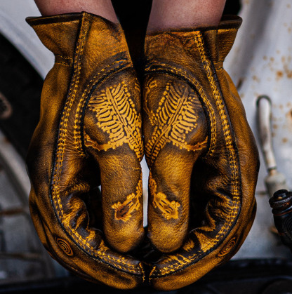 Rugged Steampunk Yellow Distressed Leather Skeleton Pattern Biker Gloves