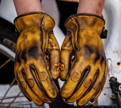 Rugged Steampunk Yellow Distressed Leather Skeleton Pattern Biker Gloves