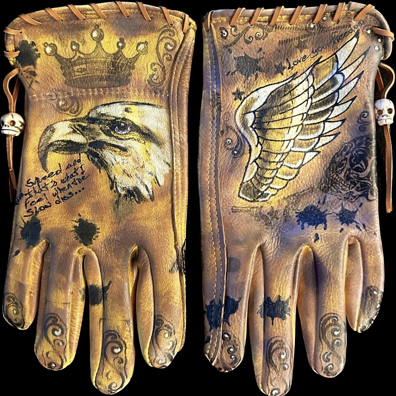 Artistic Bohemian Style Eagle Wing Hand Painted Leather Gloves