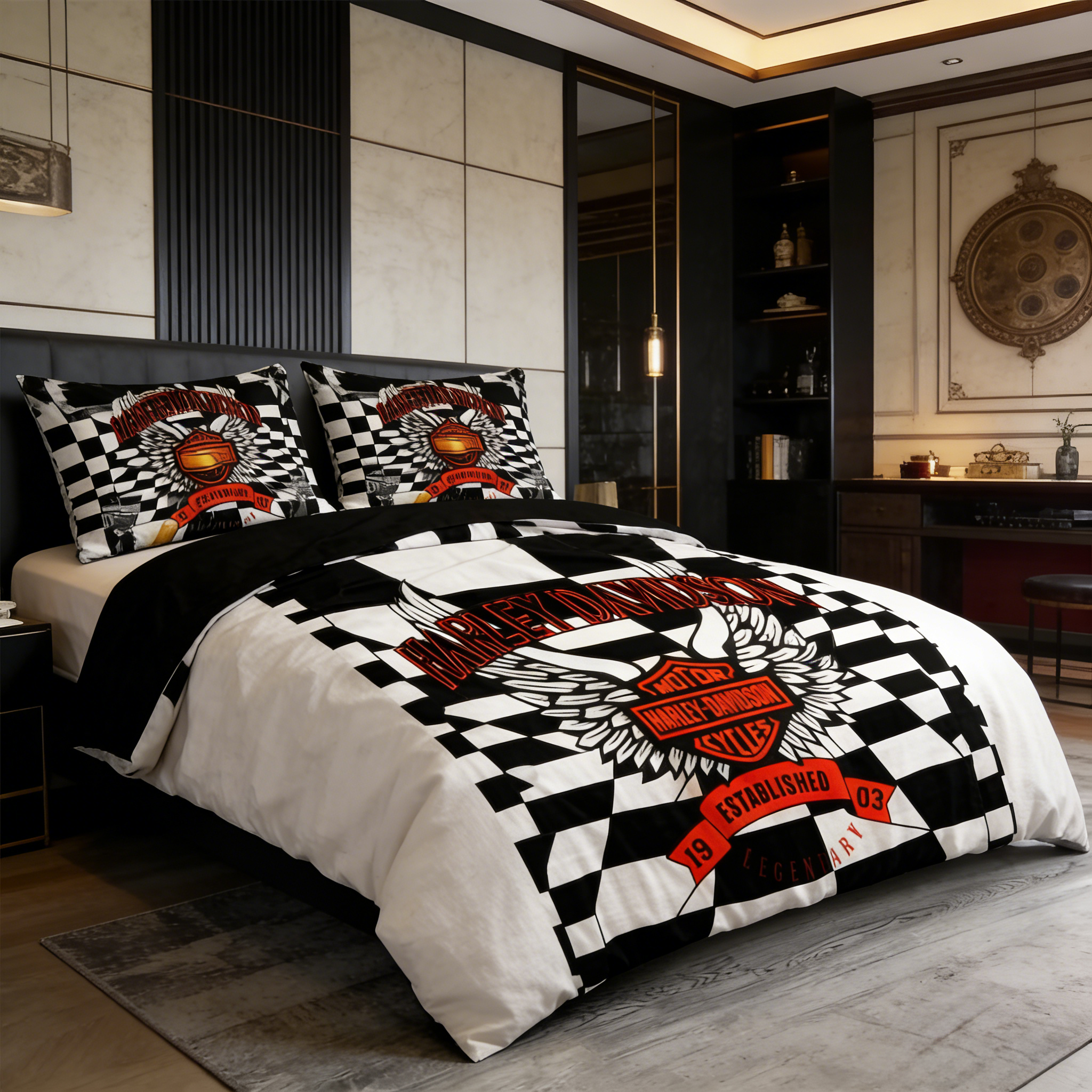 Retro Harley-Davidson style pattern 3-Piece Quilted Bedding Set