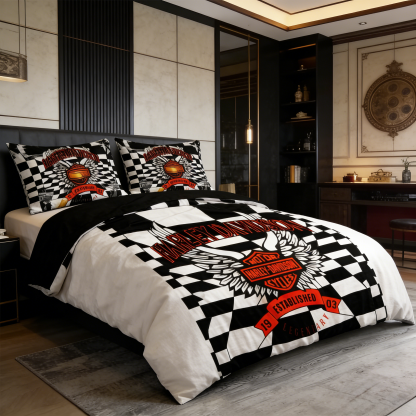 Retro Harley-Davidson style pattern 3-Piece Quilted Bedding Set