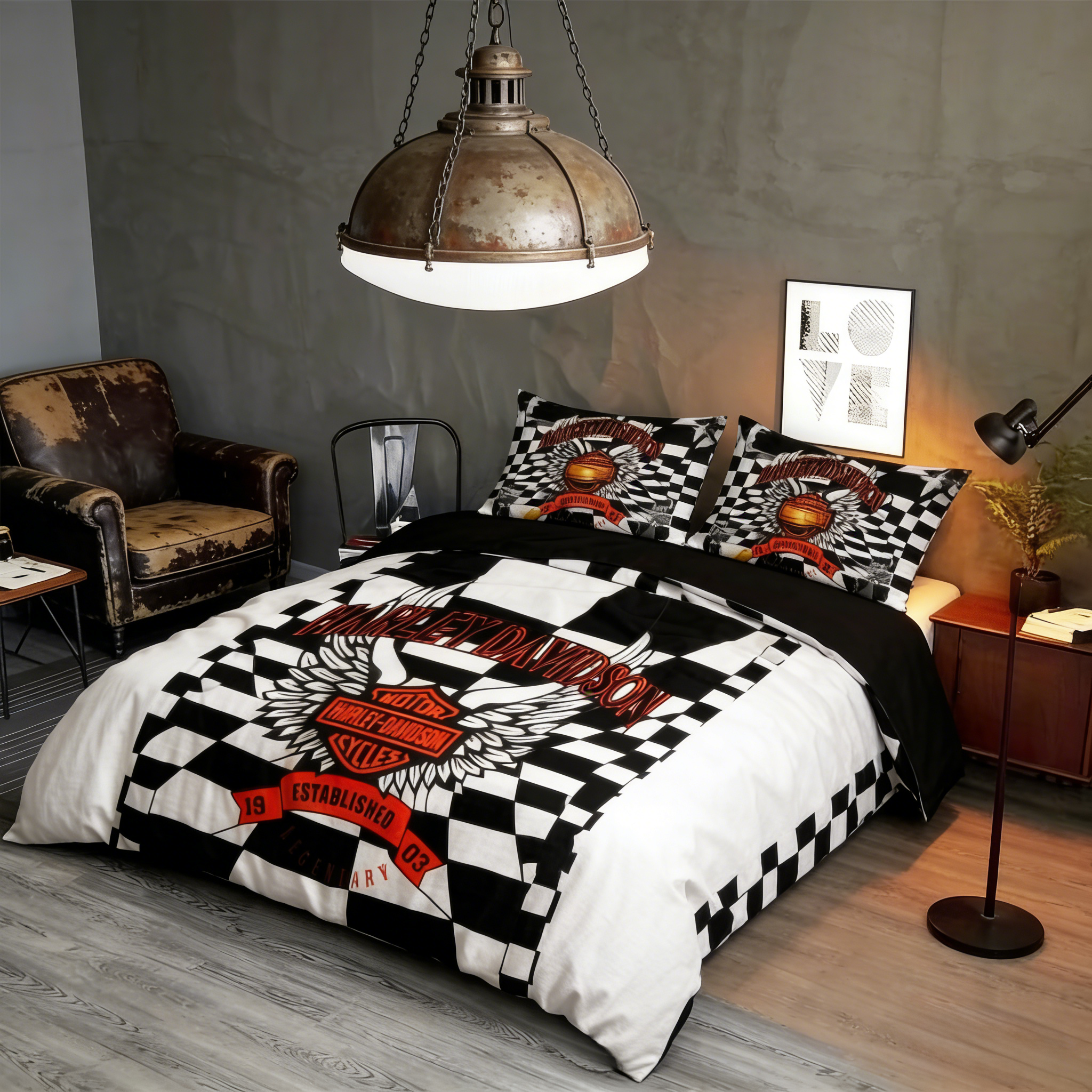 Retro Harley-Davidson style pattern 3-Piece Quilted Bedding Set