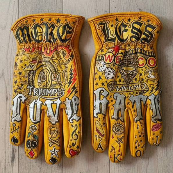 Vintage Hand-Painted Tattoo Style Leather Motorcycle Gloves