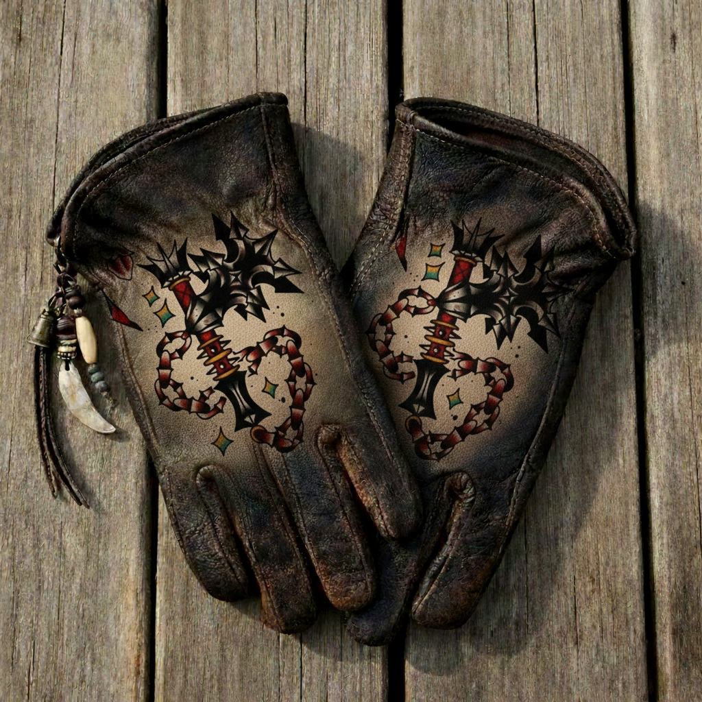 Dark Fantasy Distressed Leather Biker Gloves with Battleaxe Graphic
