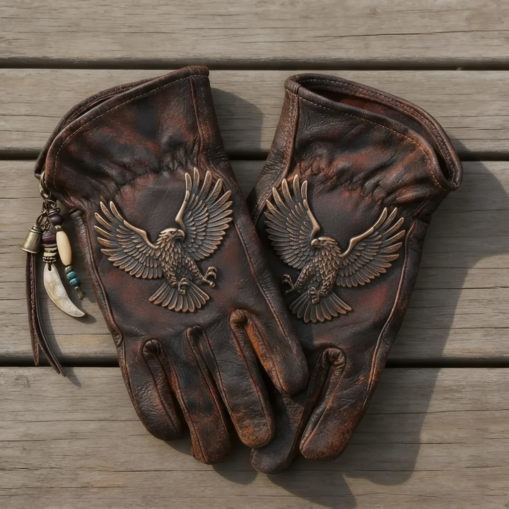 Western Frontier Aesthetic Distressed Leather Eagle Relief Riding Gloves