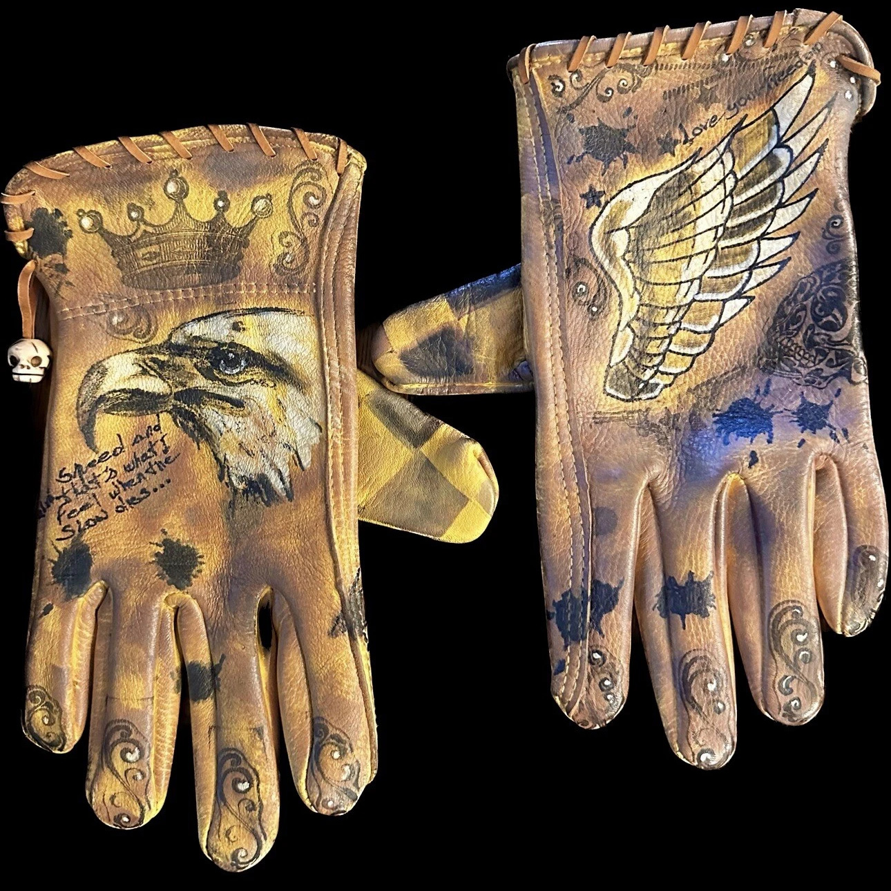 Artistic Bohemian Style Eagle Wing Hand Painted Leather Gloves