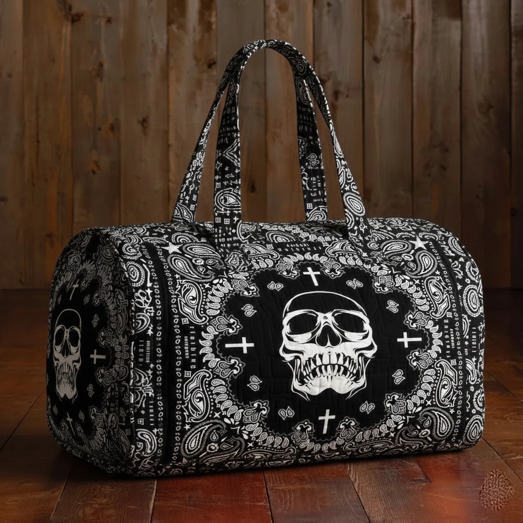 Gothic Western Outlaw Skull Paisley Quilted Canvas Travel Duffle Bag